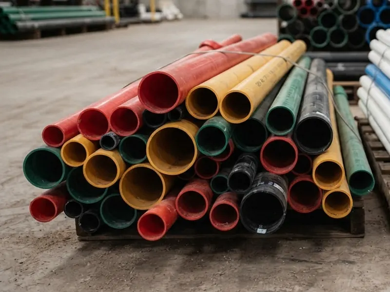 Bundles of PVC pipes in red, yellow, green and black on a pallet