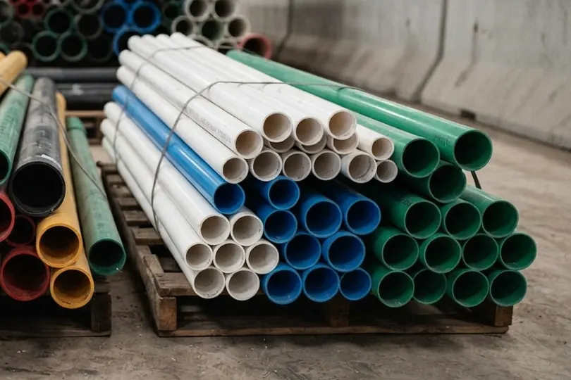 Strapped bundles of white, blue and green PVC pipes on a pallet