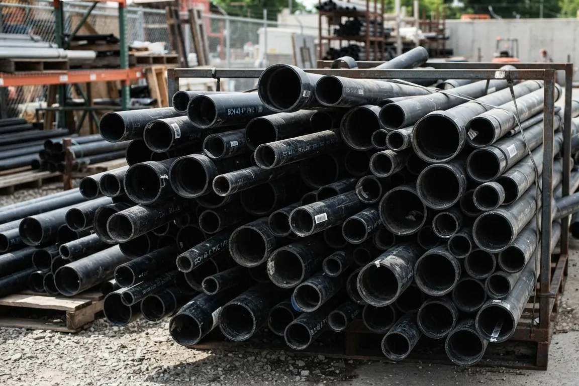 A crate of PVC pipes in an outdoor storage yard