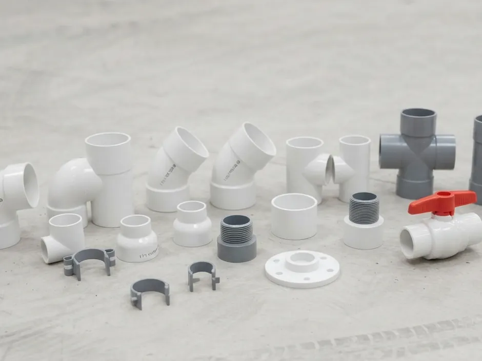 White and grey PVC fittings, including elbows, tees, adaptors and a ball valve