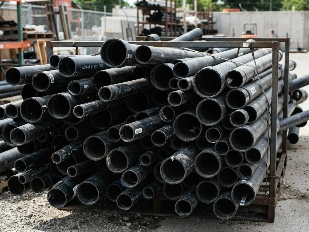 PVC pipes stacked in a steel stillage in a storage yard